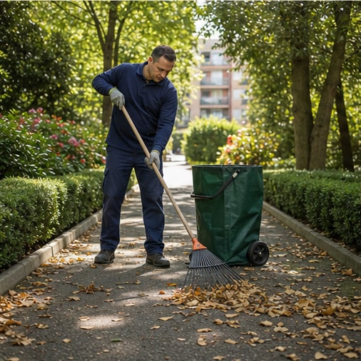 Jardinero limpiando hojas y restos del jardín