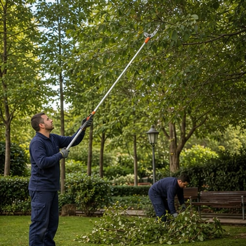 Jardineros podando árboles y recogiendo ramas