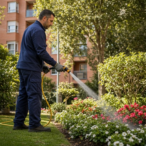 Jardinero regando flores con una manguera