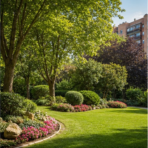Zona verde comunitaria con césped y flores